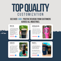 Customer reviews and photos of Kodiak Coolers' custom tumblers with laser-etched logos highlight satisfaction with personalized designs and quality. Four testimonials praise these tumblers as the perfect corporate promotional gift. No setup fees and limited time offer available.