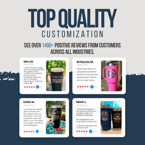 Customer reviews and photos of Kodiak Coolers' custom tumblers with laser-etched logos highlight satisfaction with personalized designs and quality. Four testimonials praise these tumblers as the perfect corporate promotional gift. No setup fees and limited time offer available.