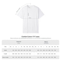 The BODE Summer Camp T-Shirt 2026 "Throwback Sunset" by Printify is a white, garment-dyed unisex Comfort Colors 1717 tee with labeled width and length; size chart shows chest, body, and sleeve measurements in inches and centimeters.