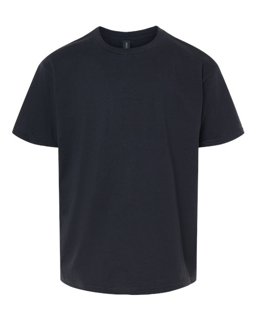 Youth Gildan Softstyle T-Shirt by designerapp in a modern classic fit, crafted from soft ring-spun cotton. Featured in 30 colors and ready for your Huskies Flag Football Green Bay Wisconsin design, displayed against a white background.