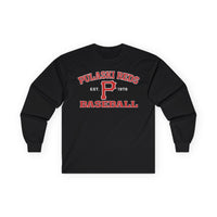 The Printify P Reds Baseball Est. 1978 Unisex Ultra Cotton Long Sleeve Tee features "Pulaski Reds Baseball," "Est. 1978," and a bold red-and-white "P" on the front—a classic shirt perfect for fans seeking vintage style.