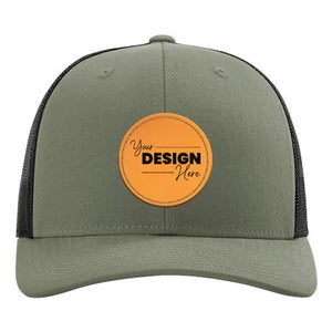 A structured green Richardson trucker hat with an orange logo, featuring a snapback closure.