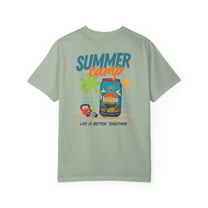 The Printify BODE Summer Camp T-Shirt 2026 is a light green unisex Comfort Colors tee with "Summer Camp" text and vibrant graphics—beach soda ale can, palm trees, sun, and "Life's Better Together"—on the back. Durable double-needle stitching ensures lasting quality.