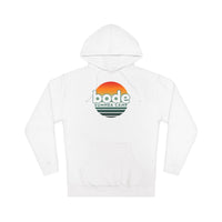 The Printify 2026 Bode Summer Bootcamp — Cali Sunset Hoodie Sweatshirt (SS4500) is a white cotton-poly fleece with front pocket, adjustable hood, and "bode SUMMER CAMP" logo plus sunset graphic on the chest in classic style.