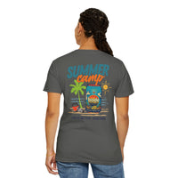 A person faces away, wearing the Printify BODE Summer Camp T-Shirt 2026—a unisex, garment-dyed gray Comfort Colors 1717 tee with a vibrant "Life's Better Together" summer camp graphic featuring palm trees, sun, and water on the back.