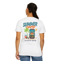 A person stands with their back to the camera wearing the Printify Summer Camp T-Shirt, featuring a vibrant beach can design and the phrase "Life Is Better Together.