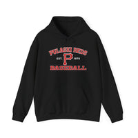 The Printify P Reds Baseball Est. 1978 Unisex Heavy Blend™ Hoodie features a bold red “P” and vintage “Pulaski Reds Baseball EST. 1978” text—perfect classic style for any Pulaski Reds baseball fan.