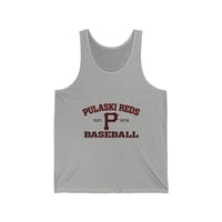 The Printify P Reds Baseball Est. 1978 - Unisex Jersey Tank Volume is a gray cotton tank with "Pulaski Reds Baseball," "Est. 1978" in maroon and black, plus a bold center "P." Lightweight and breathable for all-day comfort.