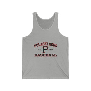 The Printify P Reds Baseball Est. 1978 - Unisex Jersey Tank Volume is a gray cotton tank with "Pulaski Reds Baseball," "Est. 1978" in maroon and black, plus a bold center "P." Lightweight and breathable for all-day comfort.