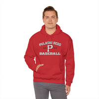 A man wears the Printify Pulaski Reds Baseball Est. 1978 Unisex Heavy Blend™ Hooded Sweatshirt, featuring the classic front print, against a plain white background.