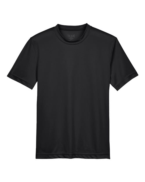 Youth Team 365 TT11Y Premium Performance T-Shirt by designerapp for Buccaneer Flag Football, featuring a plain black short-sleeve crew neck and team fit, displayed on a white background.