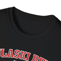 Close-up of the neckline of the Printify P Reds Baseball Est. 1978 Unisex Softstyle T-Shirt Volume in black cotton, featuring partial red and white vintage-inspired printed text.