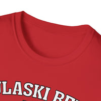 Close-up of the neckline and upper chest of a red Printify P Reds Baseball Est. 1978 - Unisex Softstyle T-Shirt Volume, featuring partially visible white and black text.