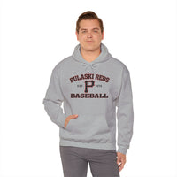 A man stands against a white background wearing the Printify P Reds Baseball Est. 1978 Unisex Heavy Blend™ Hooded Sweatshirt, showcasing this vintage team-inspired hoodie style.