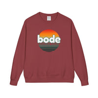 The Printify 2026 Bode Summer Bootcamp Crewneck Sweatshirt GDH400 is a maroon vintage-washed pullover with a retro sunset graphic and "bode summer camp" text on the front.