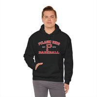 A man stands facing the camera with one hand in his pocket, wearing a Printify P Reds Baseball Est. 1978 Unisex Heavy Blend™ Hooded Sweatshirt.