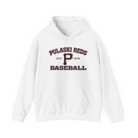 The P Reds Baseball Est. 1978 - Unisex Heavy Blend™ Hooded Sweatshirt from Printify features red and black "Pulaski Reds Baseball," "EST. 1978," and a bold "P" graphic—a vintage-look hoodie perfect for fans of customizable team gear.
