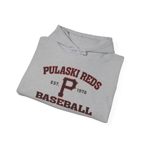 The Pulaski Reds Baseball Est. 1978 Unisex Heavy Blend™ Hooded Sweatshirt by Printify features a bold "P" logo—perfect for fans or as a custom team sweatshirt.