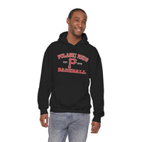 Man wearing a Printify P Reds Baseball Est. 1978 Unisex Heavy Blend™ Hooded Sweatshirt and blue jeans, standing and smiling against a plain white background.