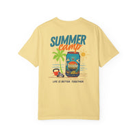 The BODE Summer Camp T-Shirt 2026 by Printify features a yellow design with "Summer camp" graphics—palm trees, sun, and drink can—and "Life's Better Together" on the back. Made from soft, heavyweight cotton for lasting comfort. Unisex Comfort Colors 1717.