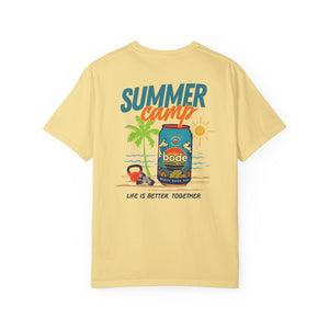 The BODE Summer Camp T-Shirt 2026 by Printify features a yellow design with "Summer camp" graphics—palm trees, sun, and drink can—and "Life's Better Together" on the back. Made from soft, heavyweight cotton for lasting comfort. Unisex Comfort Colors 1717.