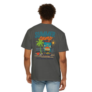 A man wearing the Printify BODE Summer Camp T-Shirt 2026—"Life's Better Together"—a heavyweight Comfort Colors 1717 tee with a vintage beach graphic featuring a palm tree, sun, drink can, and camp-inspired design.