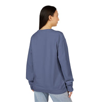 A person with straight dark hair wears a loose Printify 2026 Bode Summer Bootcamp - Crewneck Sweatshirt GDH400 and light jeans, standing back to camera against a plain white background.