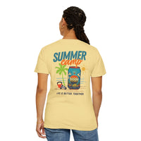 Someone in a yellow BODE Summer Camp T-Shirt 2026 by Printify, featuring a can, palm trees, sun graphic, and “Life’s Better Together” text on a Comfort Colors 1717 unisex tee.