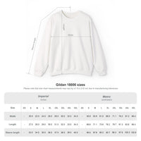 The P Reds Baseball Est. 1978 - Unisex Heavy Blend™ Crewneck Sweatshirt by Printify is a white cotton blend with labeled measurements and a size chart (XS–5XL, inches/cm)—ideal for vintage crewneck fans.