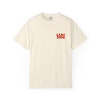 The BODE Summer Camp T-Shirt 2026—"Throwback Sunset" features bold red "CAMP BODE" print on off-white heavyweight cotton. A unisex Comfort Colors 1717 shirt by Printify, perfect for summer camp style.