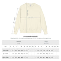 Size chart for the Printify 2026 Bode Summer Bootcamp - Crewneck Sweatshirt GDH400. Features labeled measurement areas and a table of body length, chest width, and sleeve length (inches/cm) for sizes XS–5XL.