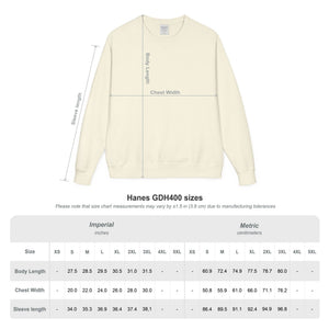 Size chart for the Printify 2026 Bode Summer Bootcamp - Crewneck Sweatshirt GDH400. Features labeled measurement areas and a table of body length, chest width, and sleeve length (inches/cm) for sizes XS–5XL.