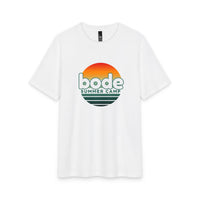 The Printify 2026 Bode Summer Bootcamp - Cali Sunset T-Shirt - DM130 Tri Blend is a white tee with a retro sunset and bold "bode SUMMER CAMP" graphic, made from lightweight, soft, and breathable fabric.