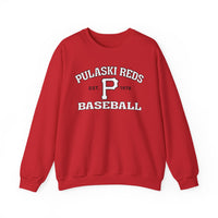The Printify P Reds Baseball Est. 1978 Unisex Heavy Blend™ Crewneck Sweatshirt features vintage-inspired style, a bold white "P," and "Pulaski Reds Baseball Est. 1978" on the front in a soft cotton blend.