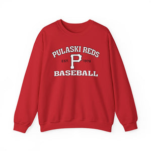 The Printify P Reds Baseball Est. 1978 Unisex Heavy Blend™ Crewneck Sweatshirt features vintage-inspired style, a bold white "P," and "Pulaski Reds Baseball Est. 1978" on the front in a soft cotton blend.