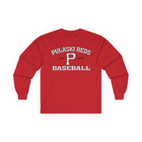 The Printify P Reds Baseball Est. 1978 Unisex Ultra Cotton Long Sleeve Tee features a classic fit and bold "P" logo in red—an ideal vintage addition to any hometown baseball shirt collection.