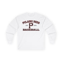 The Printify P Reds Baseball Est. 1978 Unisex Ultra Cotton Long Sleeve Tee features a classic fit and bold front graphics—a perfect vintage-style shirt for Pulaski baseball fans and locals.