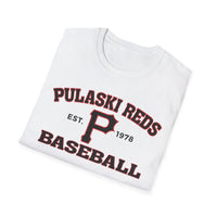 The Printify P Reds Baseball Est. 1978 - Unisex Softstyle T-Shirt features a bold red "P" and vintage graphics on soft cotton, making it an ideal addition to any hometown sports shirt collection.