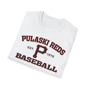 The Printify P Reds Baseball Est. 1978 - Unisex Softstyle T-Shirt features a bold red "P" and vintage graphics on soft cotton, making it an ideal addition to any hometown sports shirt collection.
