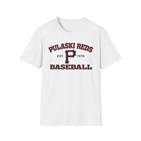 Represent your hometown with the Printify P Reds Baseball Est. 1978 - Unisex Softstyle T-Shirt Volume, featuring bold red and black details and vintage style—ideal for fans who love showing team spirit and Pulaski pride.