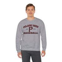 A man stands against a plain white background wearing a Printify P Reds Baseball Est. 1978 - Unisex Heavy Blend™ Crewneck Sweatshirt.