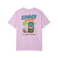 The BODE Summer Camp T-Shirt 2026 by Printify features a light purple heavyweight cotton with a beach scene graphic, palm tree, sun, and “Life's Better Together.” Unisex Comfort Colors 1717; durable double-needle stitching.