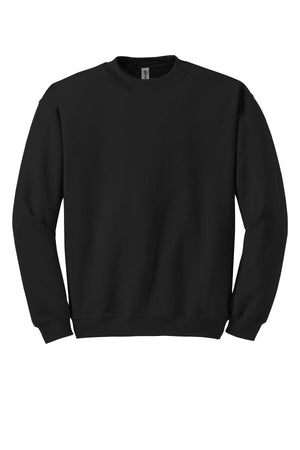 This Gildan Heavy Blend Crewneck Sweatshirt 18000, offered by Gildan, comes in black and features a comfortable 50/50 cotton-polyester blend on a crisp white background.