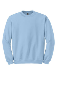 This Gildan Heavy Blend Crewneck Sweatshirt 18000 in light blue provides a cozy feel with its 50/50 cotton-poly blend, featuring long sleeves and displayed on a plain white background.