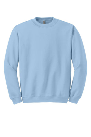 This Gildan Heavy Blend Crewneck Sweatshirt 18000 in light blue provides a cozy feel with its 50/50 cotton-poly blend, featuring long sleeves and displayed on a plain white background.