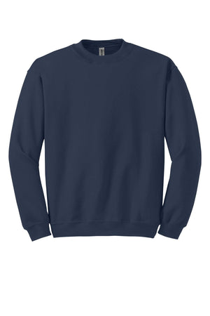 A Gildan Heavy Blend Crewneck Sweatshirt 18000 in navy blue, from the brand Gildan, featuring long sleeves and made from a 50/50 cotton-poly blend, shown against a white background.