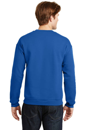 A person wearing a customized Gildan Heavy Blend Crewneck Sweatshirt 18000 in blue, paired with dark jeans, is shown from the back.
