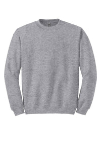 The Gildan Heavy Blend Crewneck Sweatshirt 18000, by Gildan, is displayed on a white background and crafted from a 50/50 cotton polyester blend for ultimate comfort in gray.