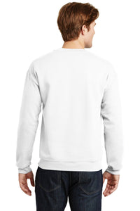 A person dressed in a plain white Gildan Heavy Blend Crewneck Sweatshirt 18000 and dark jeans, viewed from behind.