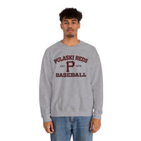 A person stands facing forward wearing the Printify P Reds Baseball Est. 1978 Unisex Heavy Blend™ Crewneck Sweatshirt, a gray cotton blend with "P Reds Baseball Est. 1978" in red and black printed on the front.